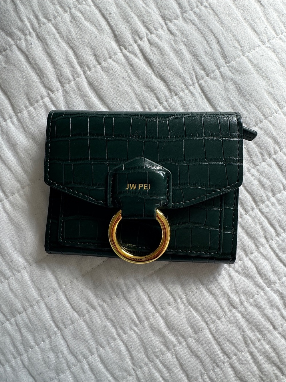 JW PEI Forest Green Croc Mini Wallet with Gold Ring Accent